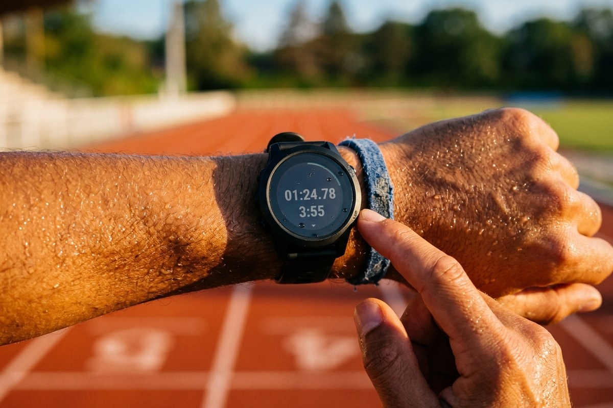 Gros plan sur une montre GPS au poignet d'un coureur pendant un intervalle