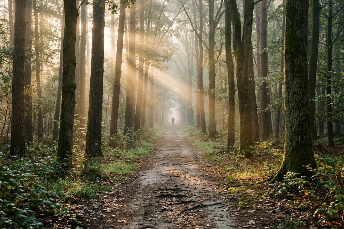 Sentier forestier vide et brumeux au lever du jour, symbole de la pause nécessaire à la récupération osseuse