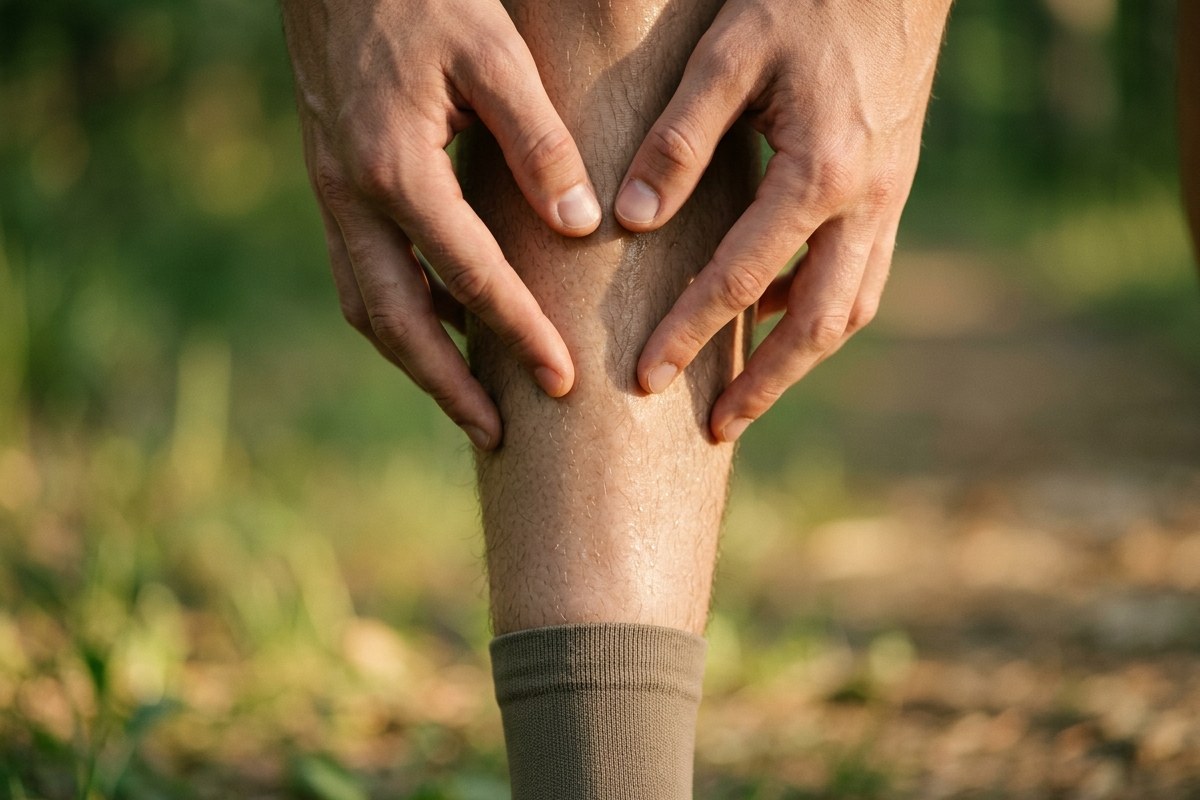 Gros plan sur des mains qui palpent délicatement un tibia à la recherche d'un point douloureux