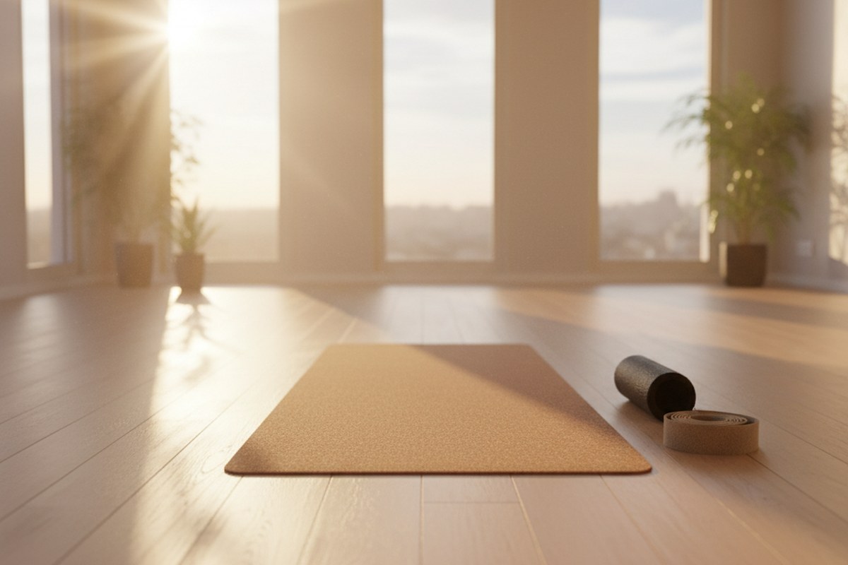 Tapis de yoga deroule au sol dans une salle baignee de lumiere matinale