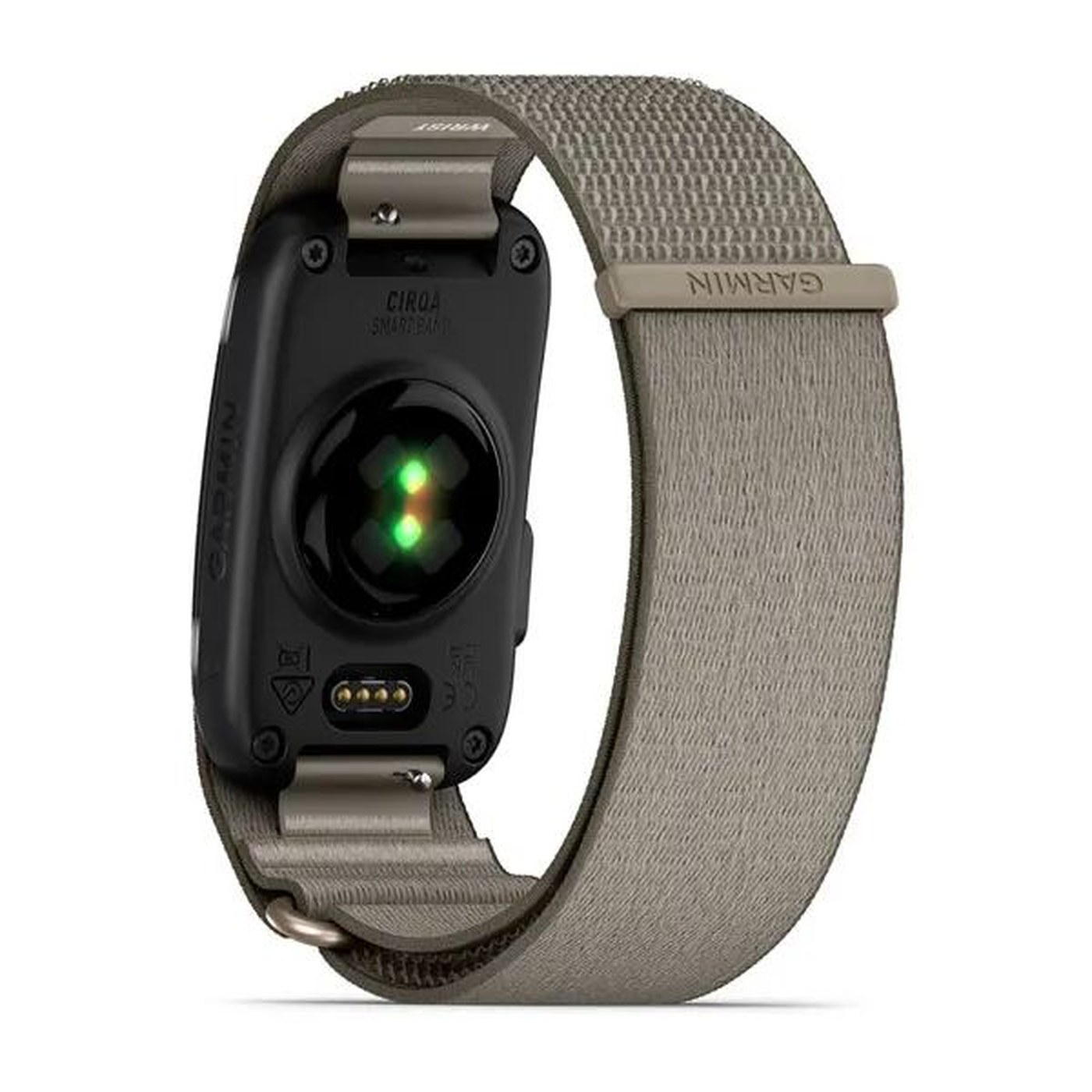 Garmin Cirqa, détail du capteur Elevate Gen 4 et du bracelet en tissu