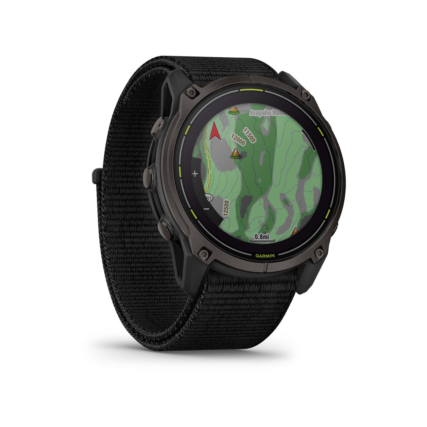 Garmin Enduro 3 profil latéral gauche, boîtier titane DLC et bracelet Ultrafit nylon