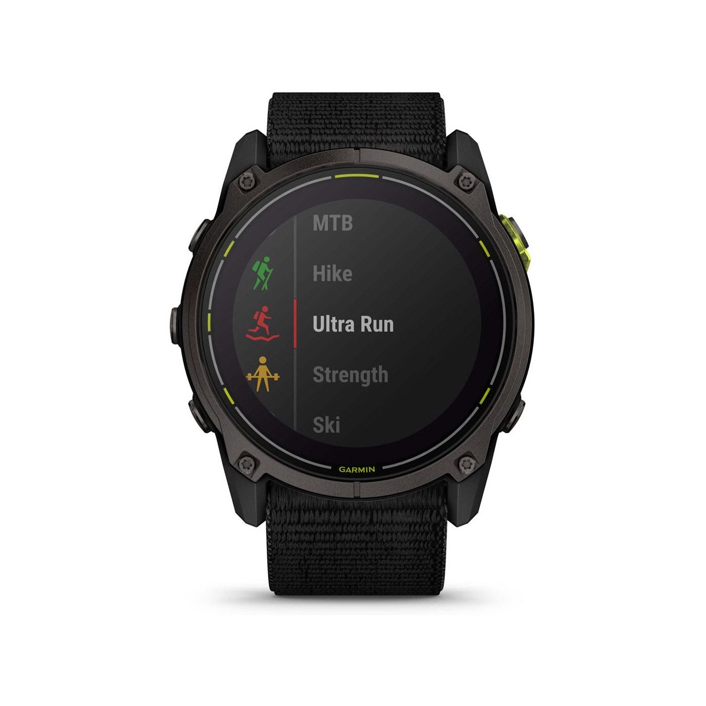 Garmin Enduro 3 profil droit, boutons physiques et lunette titane DLC