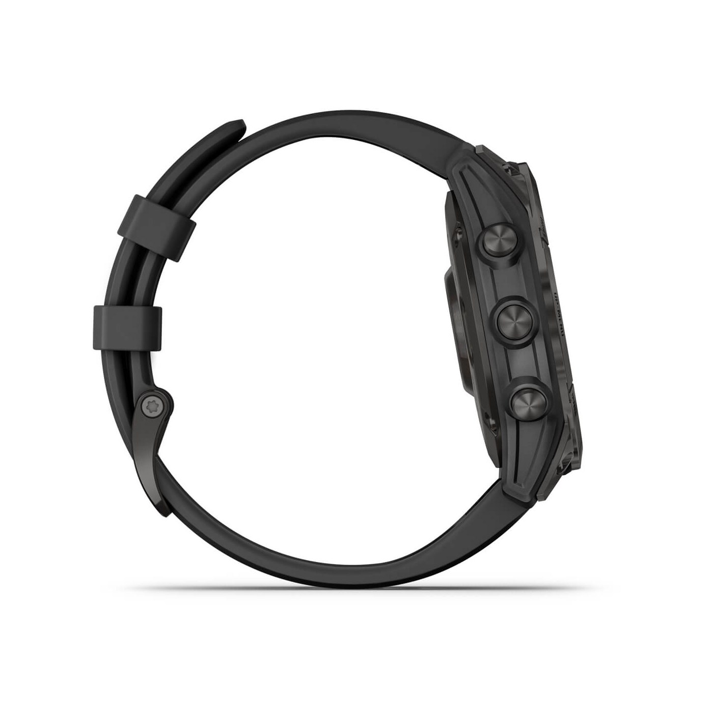 Garmin fenix 7, vue de profil, boutons et couronne titane