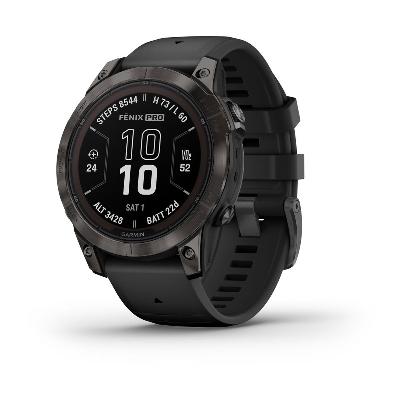 Garmin fenix 7 Pro, vue 3/4 face avec cadran principal