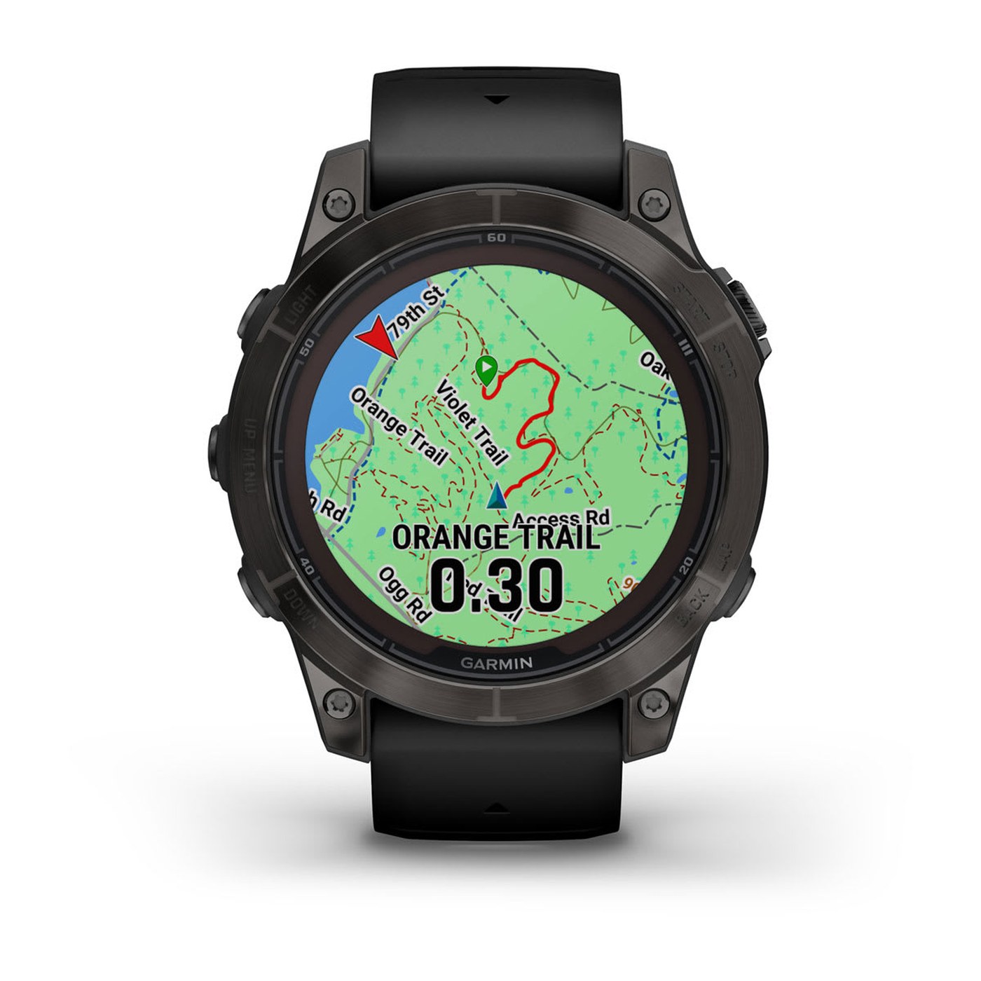 Garmin fenix 7 Pro, écran de cartographie topographique avec trace de parcours