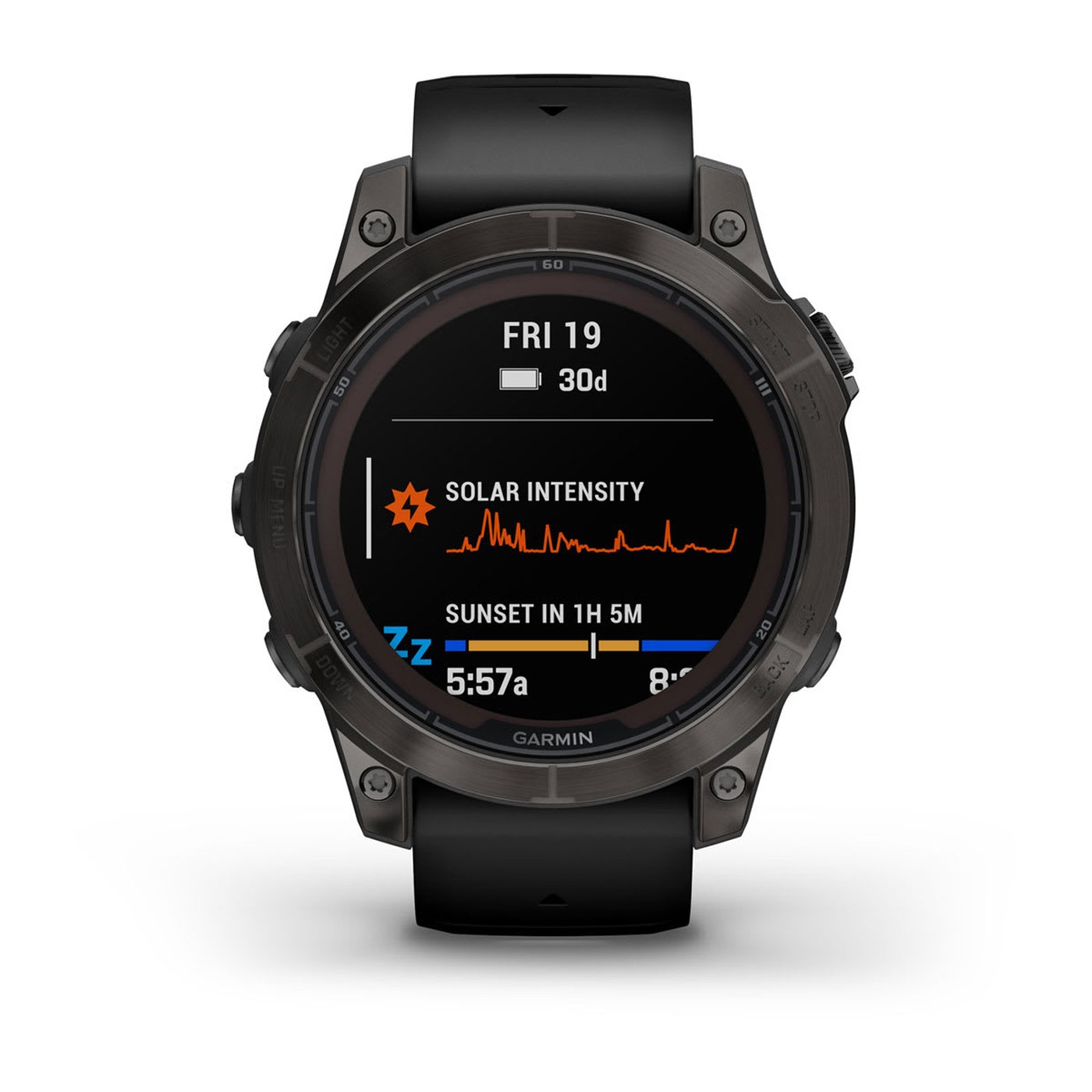 Garmin fenix 7 Pro, écran affichant l'intensité solaire et l'heure du coucher du soleil