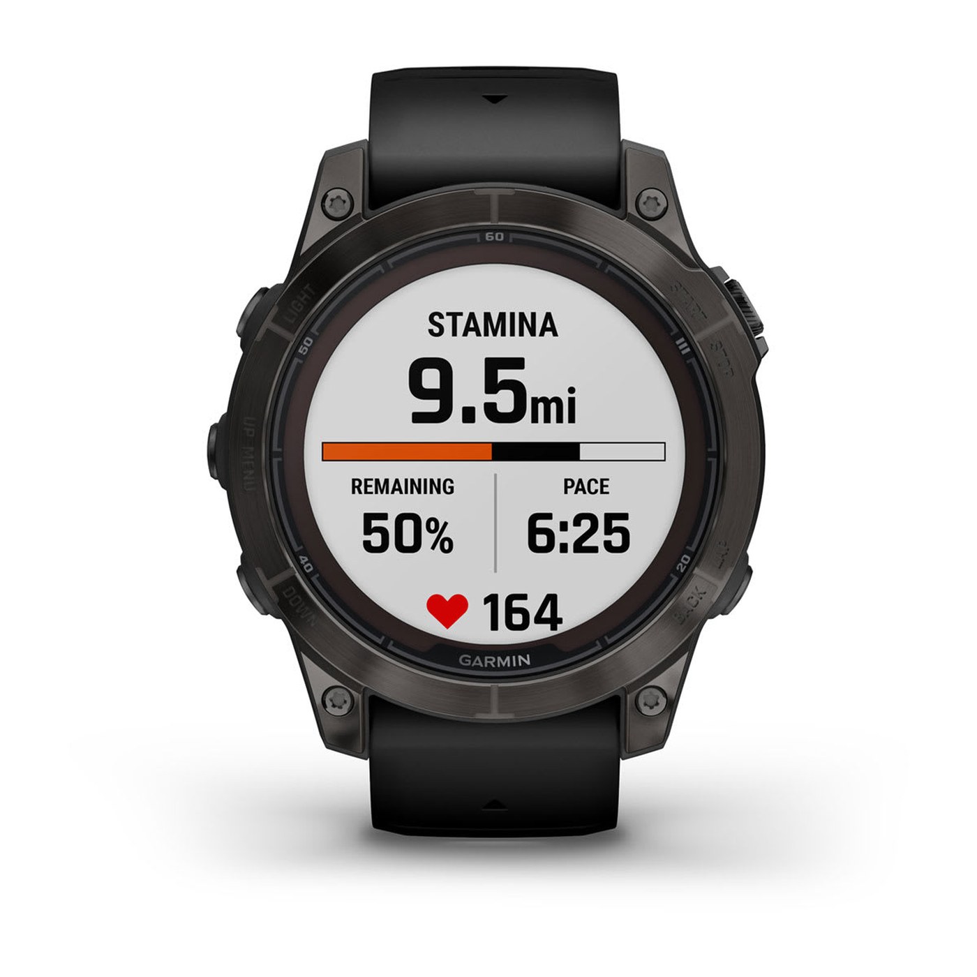 Garmin fenix 7 Pro, écran affichant la métrique Stamina pendant l'effort