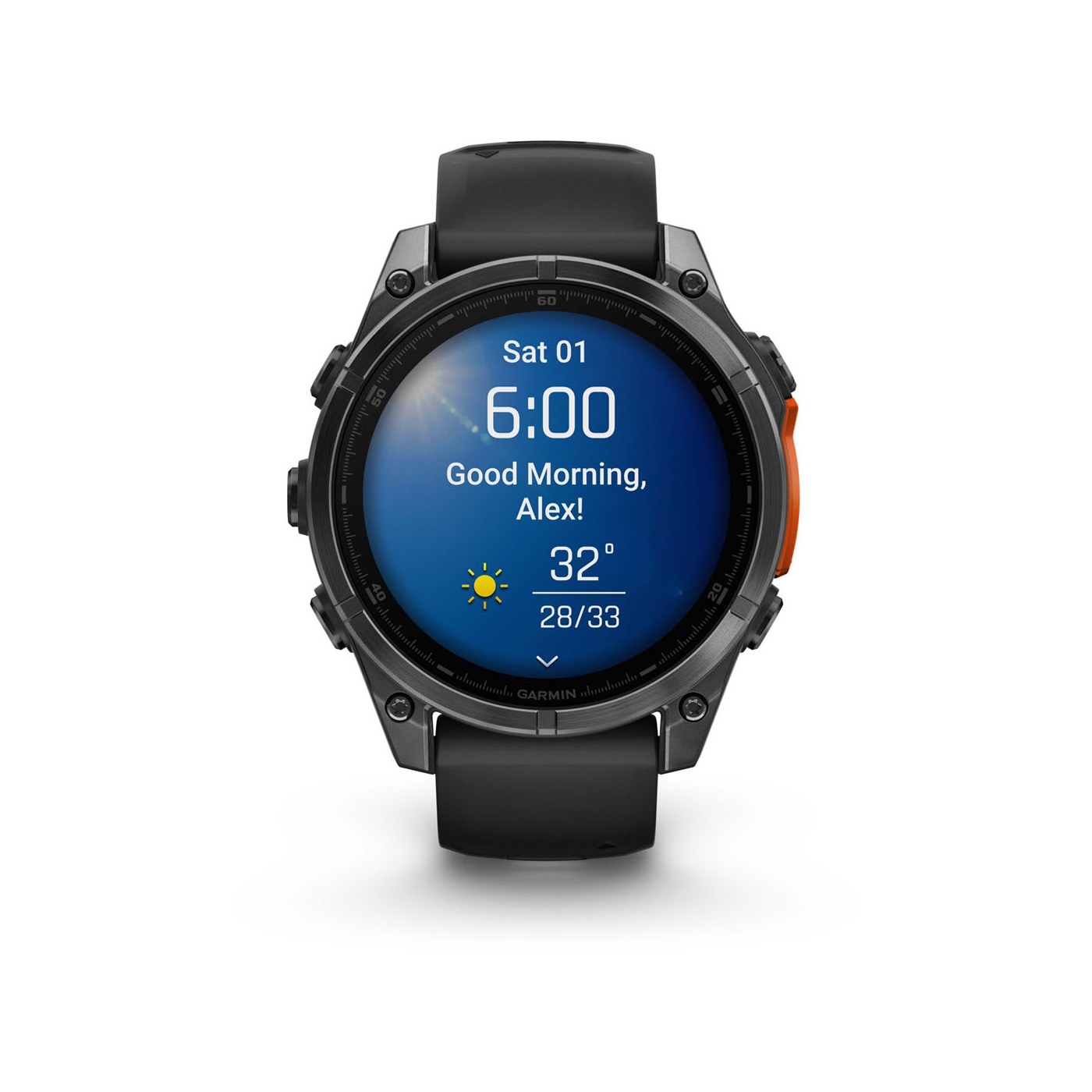 Garmin fenix 8 AMOLED vue frontale widget météo