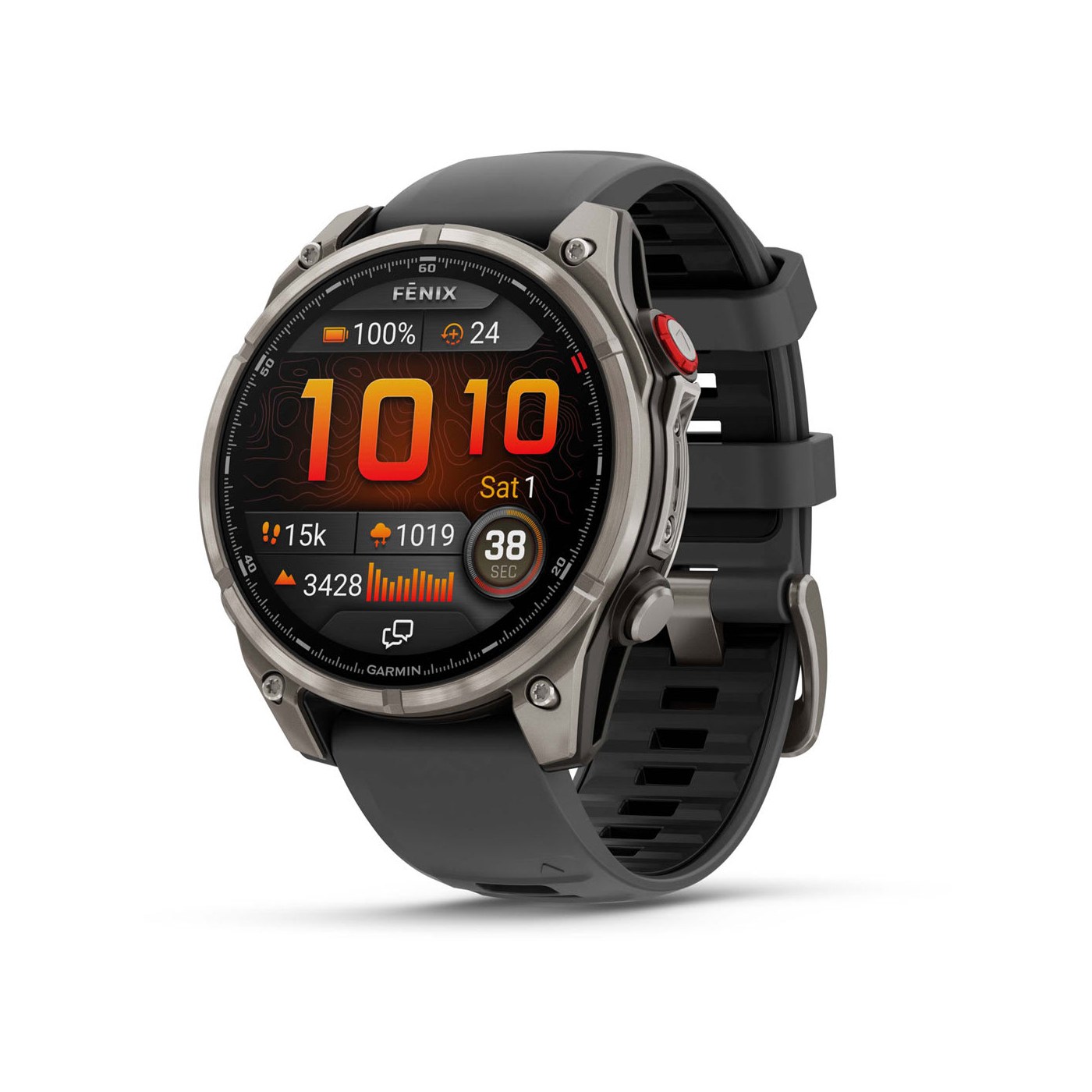 Garmin fenix 8 Pro AMOLED, cadran allumé vue 3/4 face