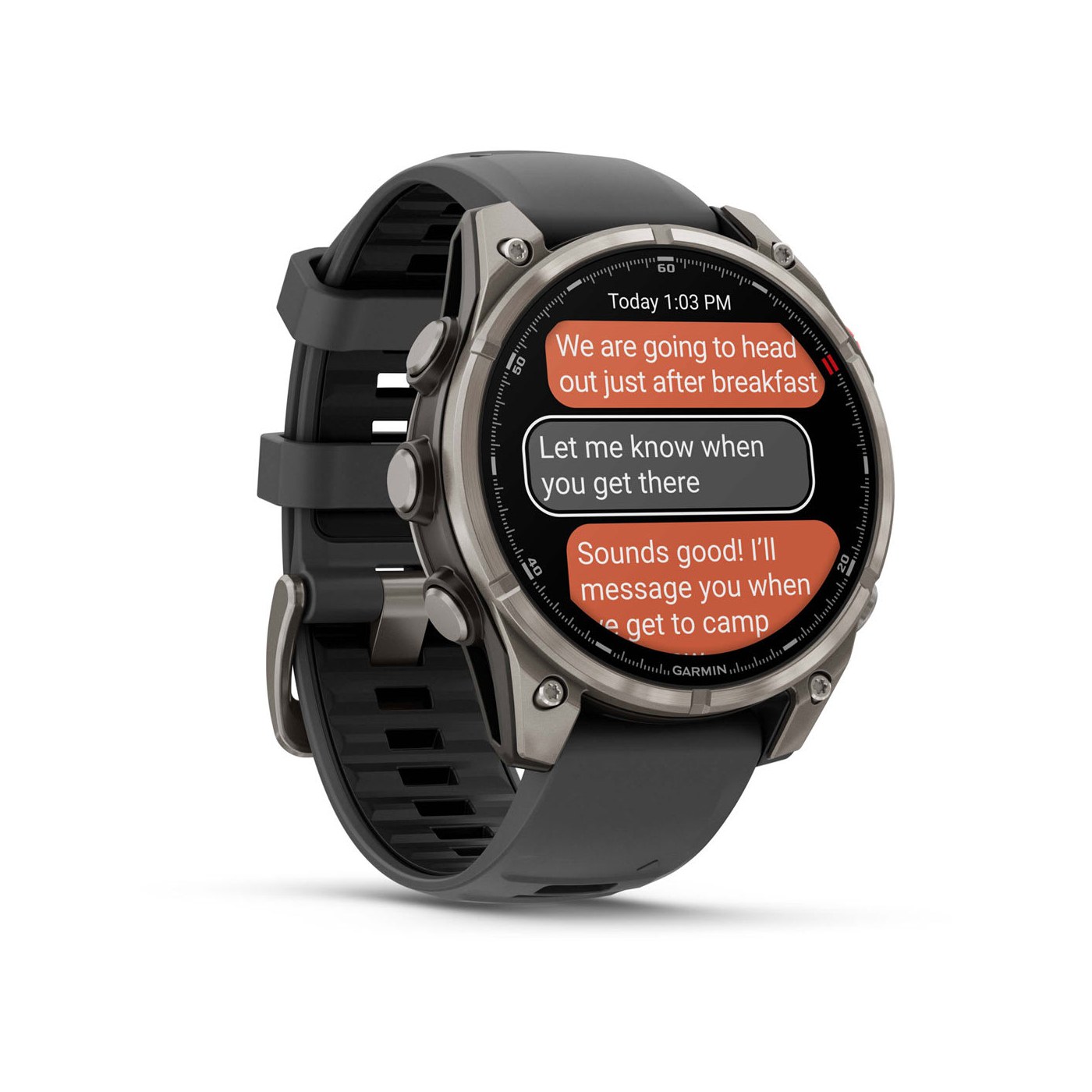 Garmin fenix 8 Pro affichant une conversation par messagerie satellite inReach