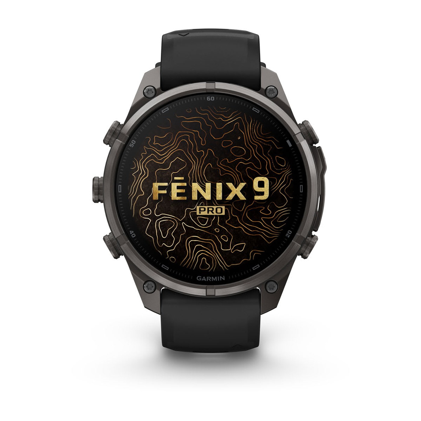 Garmin Fenix 9 Pro, cadran affichant le logo Fenix 9 Pro sur fond topographique