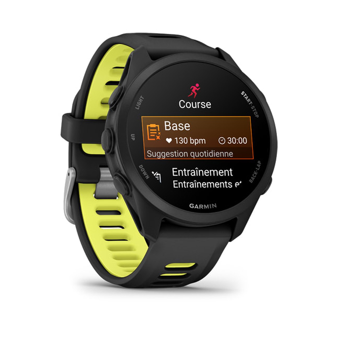 Garmin Forerunner 170 : écran d'entraînement Suggestion quotidienne avec séance Base