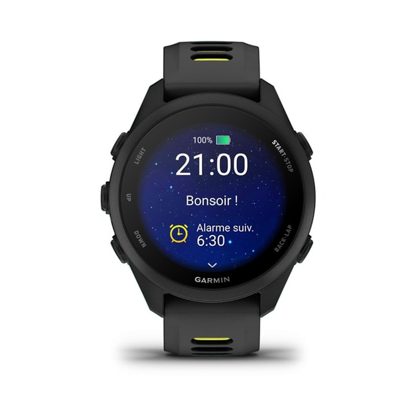 Garmin Forerunner 170 : écran AMOLED avec heure 21:00 et alarme suivante