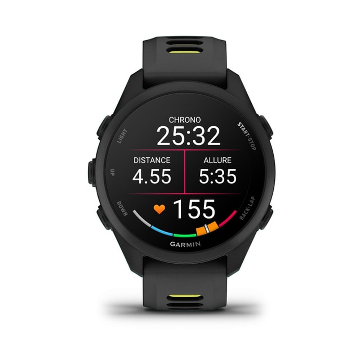 Garmin Forerunner 170 : écran de course avec chrono, distance, allure et fréquence cardiaque