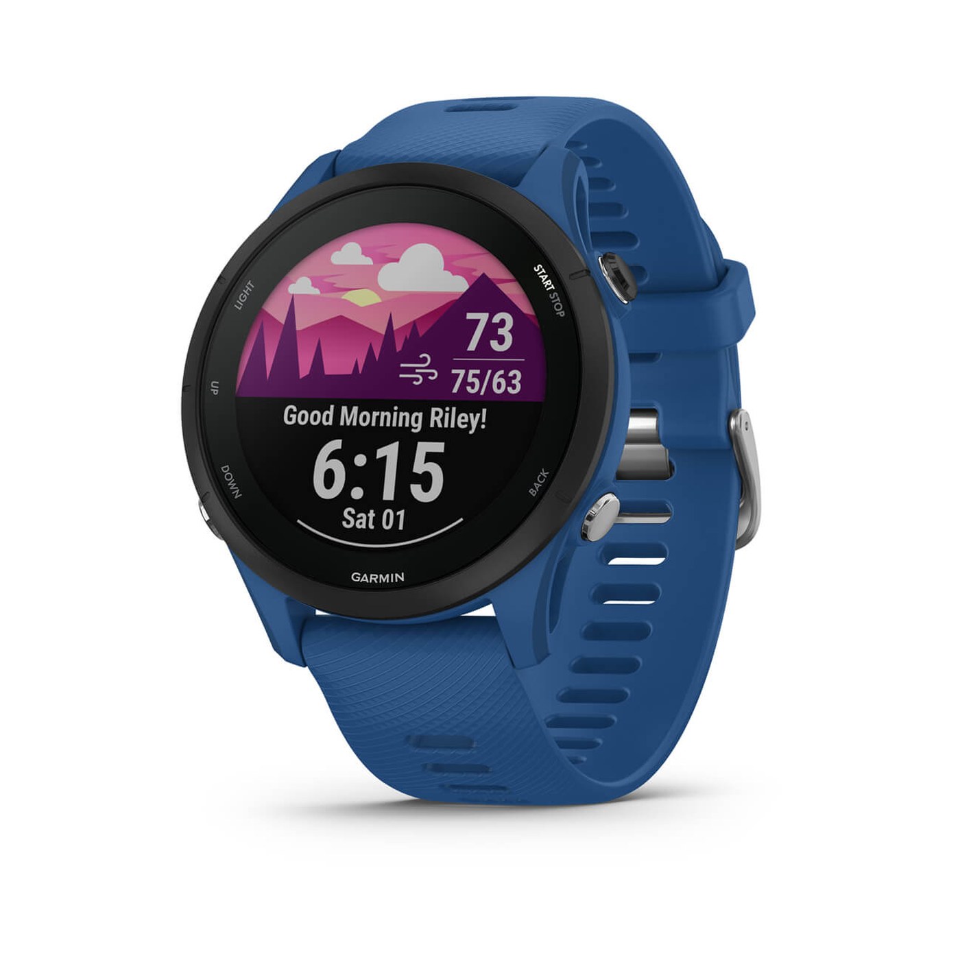 Garmin Forerunner 255 coloris Tidal Blue, vue 3/4 face