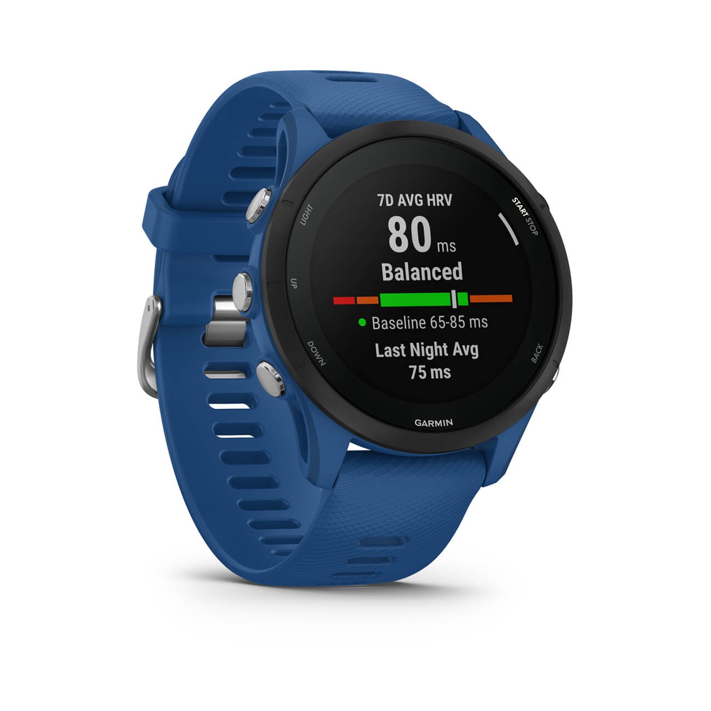 Garmin Forerunner 255, profil latéral avec boutons physiques