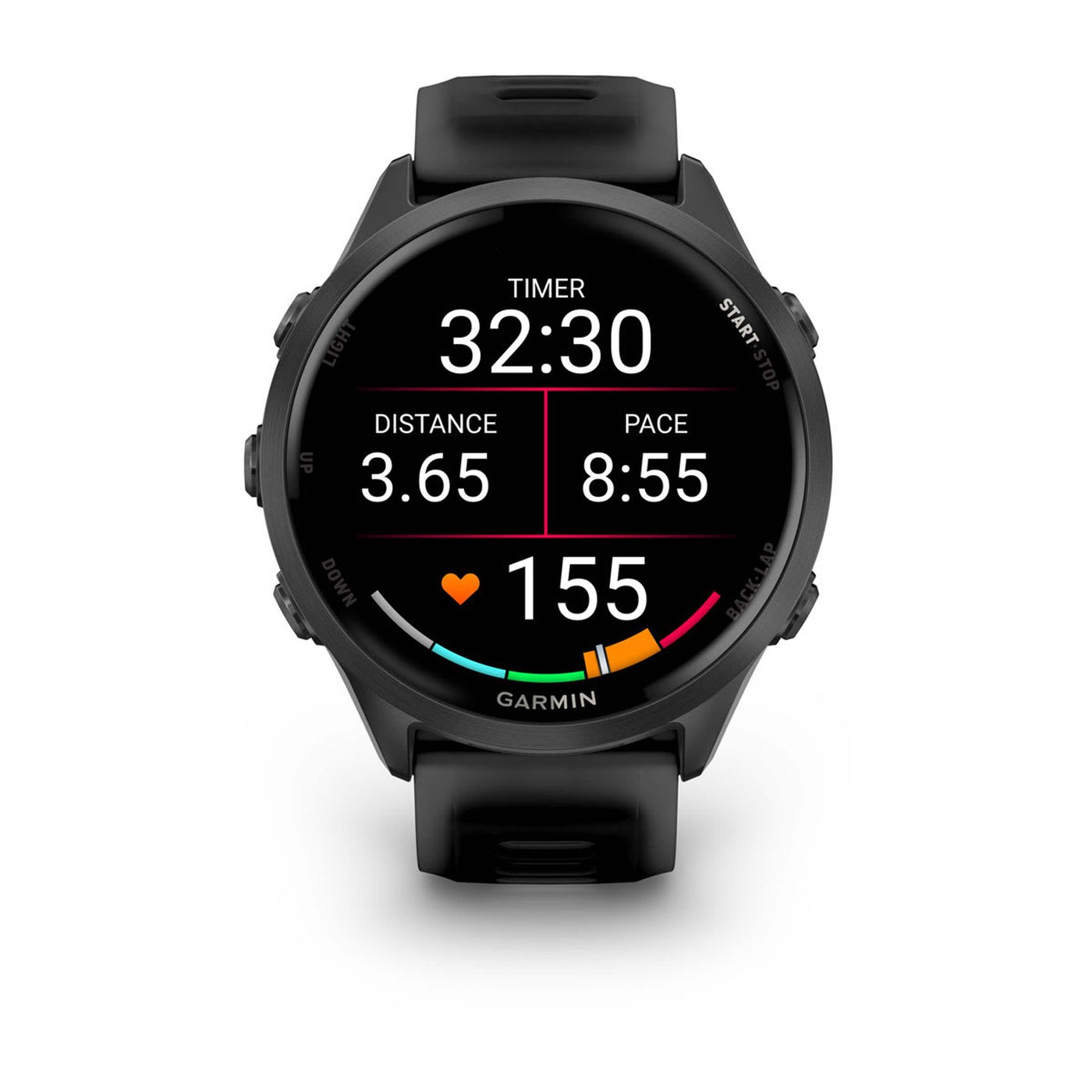 Garmin Forerunner 570, écran de course affichant chrono, distance, allure et fréquence cardiaque