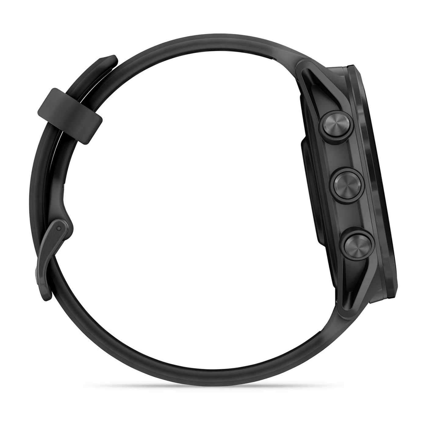 Garmin Forerunner 570, profil latéral montrant les boutons et la lunette aluminium