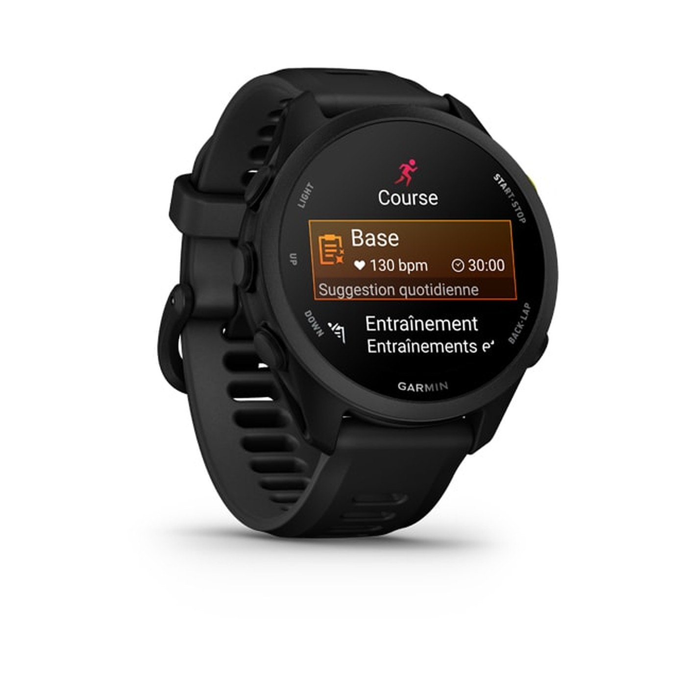 Garmin Forerunner 70 noir, écran AMOLED affichant Course Base Suggestion quotidienne du Garmin Coach