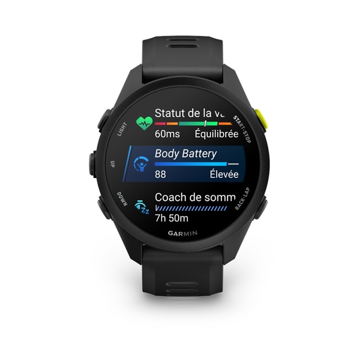 Garmin Forerunner 70 vue de face, écran AMOLED affichant Statut de la VFC 60 ms Équilibrée, Body Battery 88 Élevée et Coach de sommeil