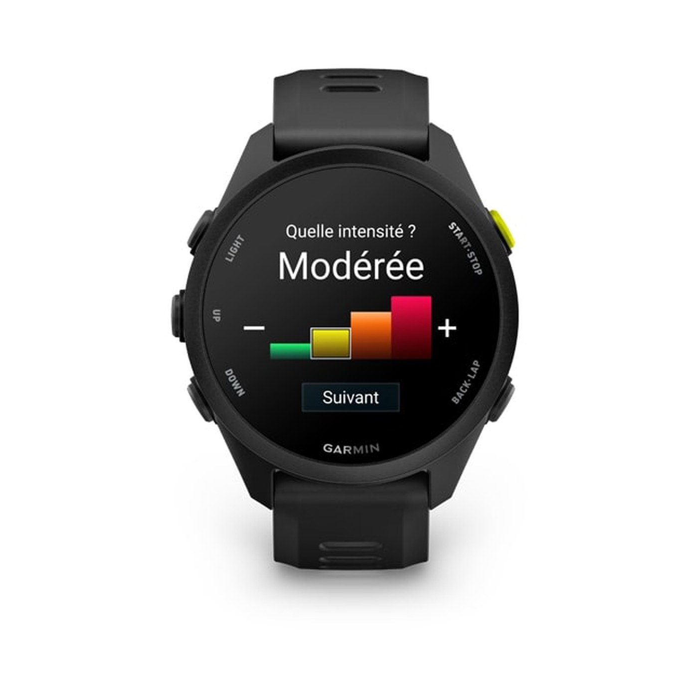 Garmin Forerunner 70 vue de face, écran AMOLED affichant Quelle intensité Modérée pour la saisie subjective d'effort
