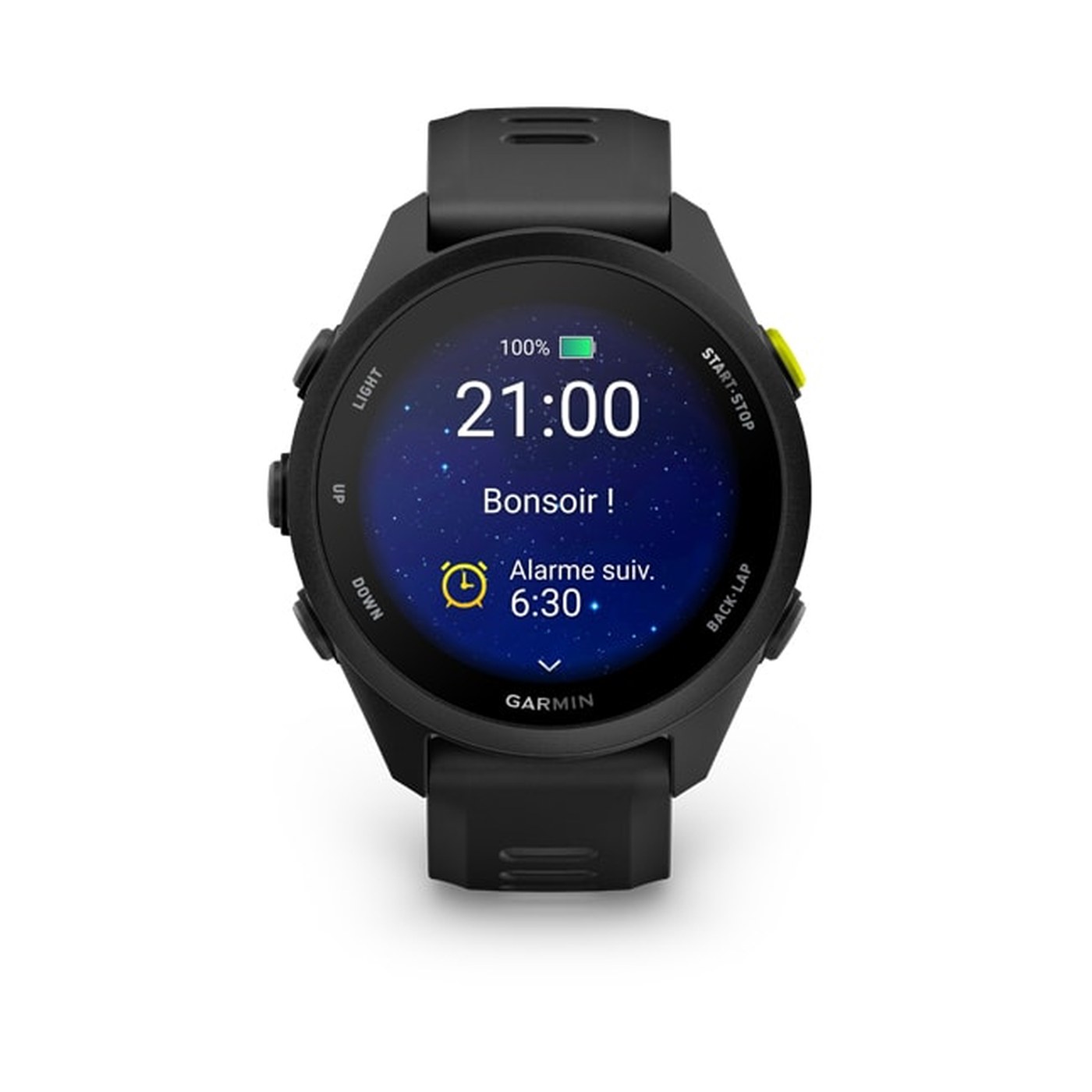 Garmin Forerunner 70 vue de face, écran AMOLED affichant un cadran nuit avec étoiles et alarme suivante 6h30