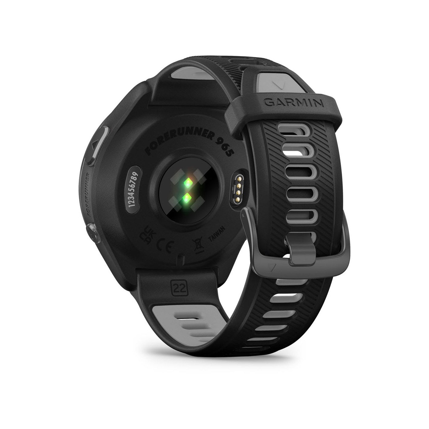 Garmin Forerunner 965 vue arrière capteur cardio Elevate Gen 4 gravure FORERUNNER 965 port de charge magnétique
