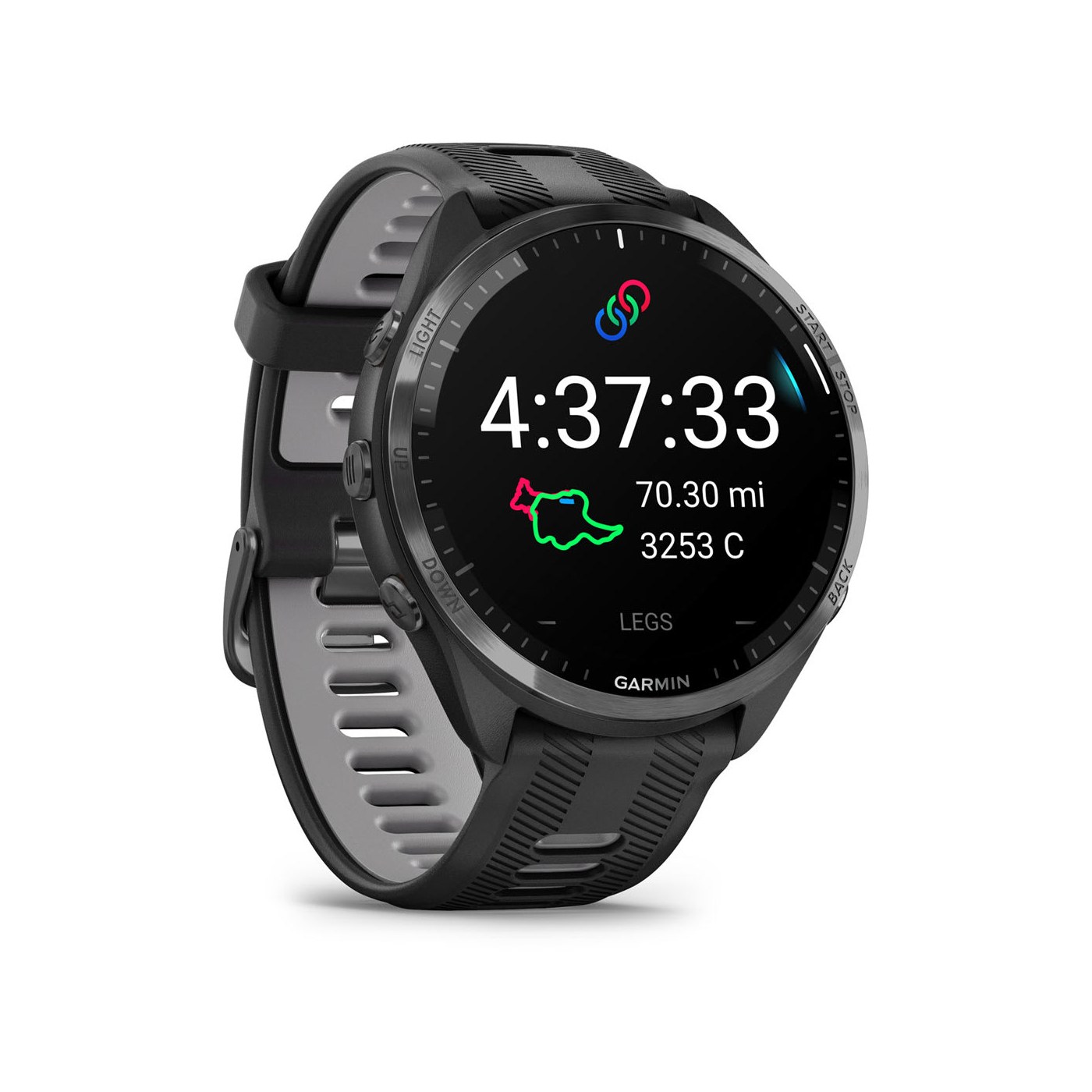 Garmin Forerunner 965 mode triathlon multisport écran 4h37 transition bracelet bicolore