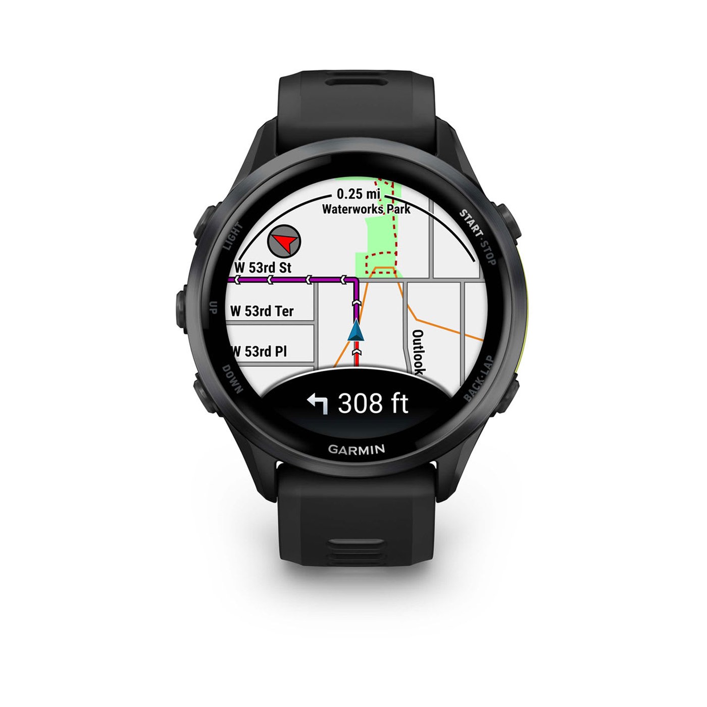 Garmin Forerunner 970 affichant la cartographie complète avec instructions virage par virage
