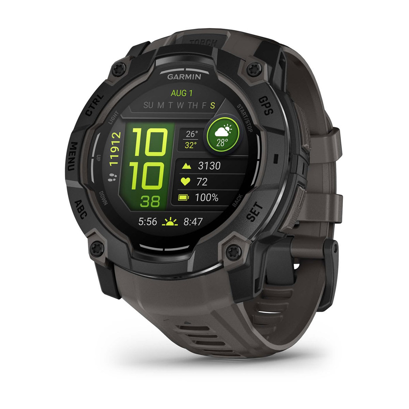 Garmin Instinct 3 AMOLED 50 mm Black Charcoal, vue 3/4 face cadran principal