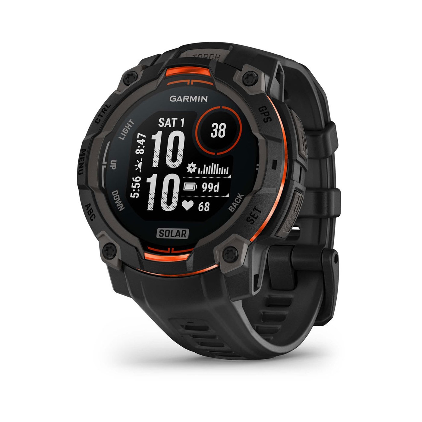 Garmin Instinct 3 Solar 45 mm noire, vue 3/4 face cadran allumé
