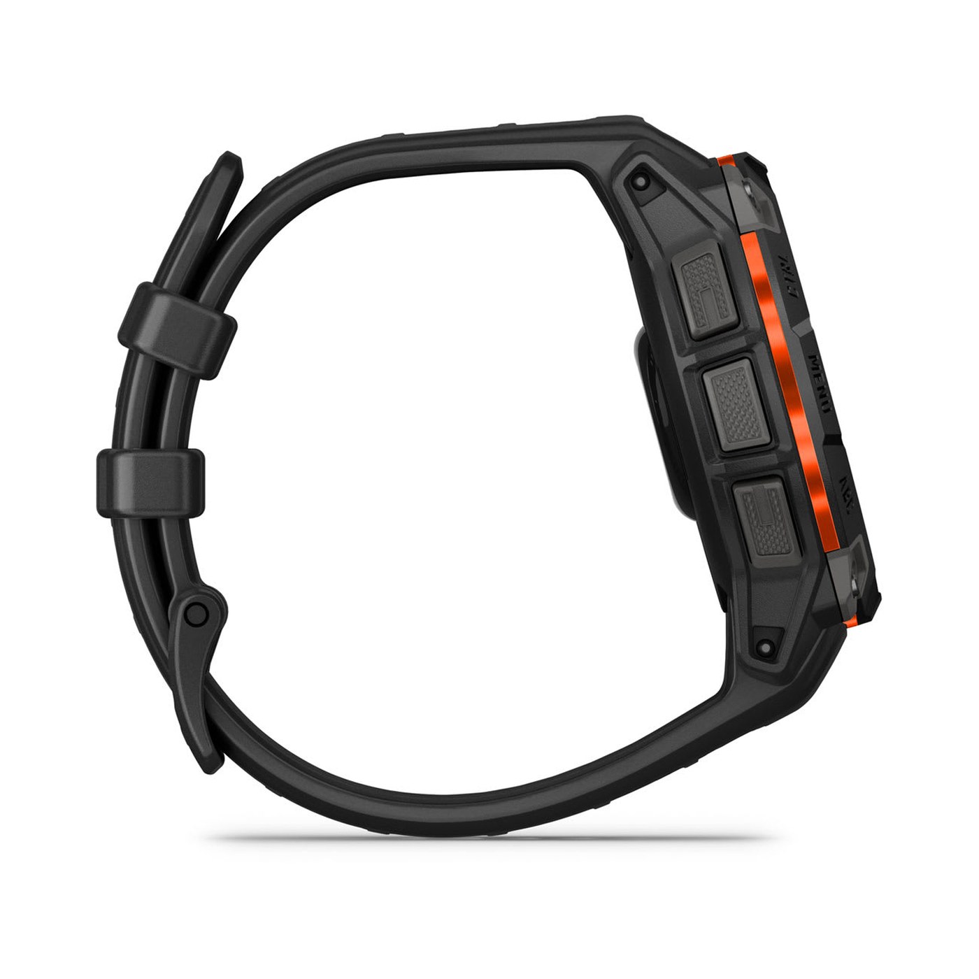 Garmin Instinct 3 Solar, profil latéral montrant les cinq boutons physiques