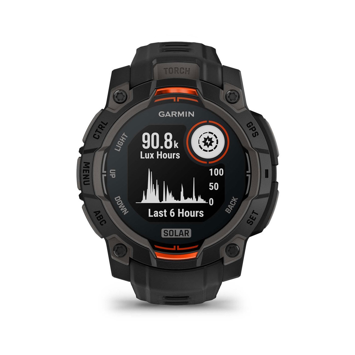Garmin Instinct 3 Solar, vue de face avec bracelet, écran Lux Hours de charge solaire
