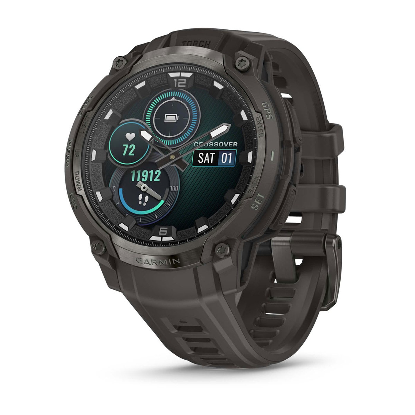 Garmin Instinct Crossover AMOLED, Dreiviertelansicht, Zifferblatt mit Zeigern und Herzfrequenz-Anzeige
