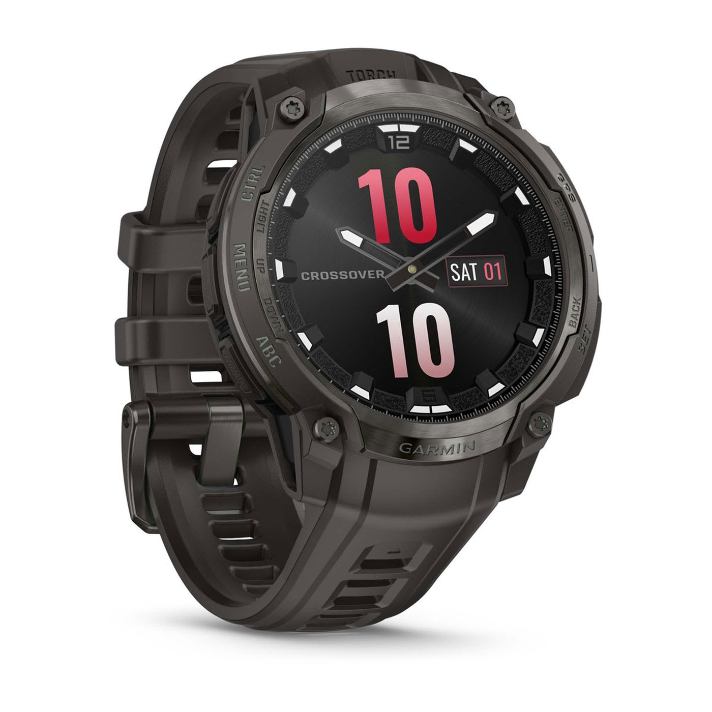 Garmin Instinct Crossover AMOLED, Dreiviertelansicht, rotes und weißes analoges Zifferblatt mit Crossover-Schriftzug