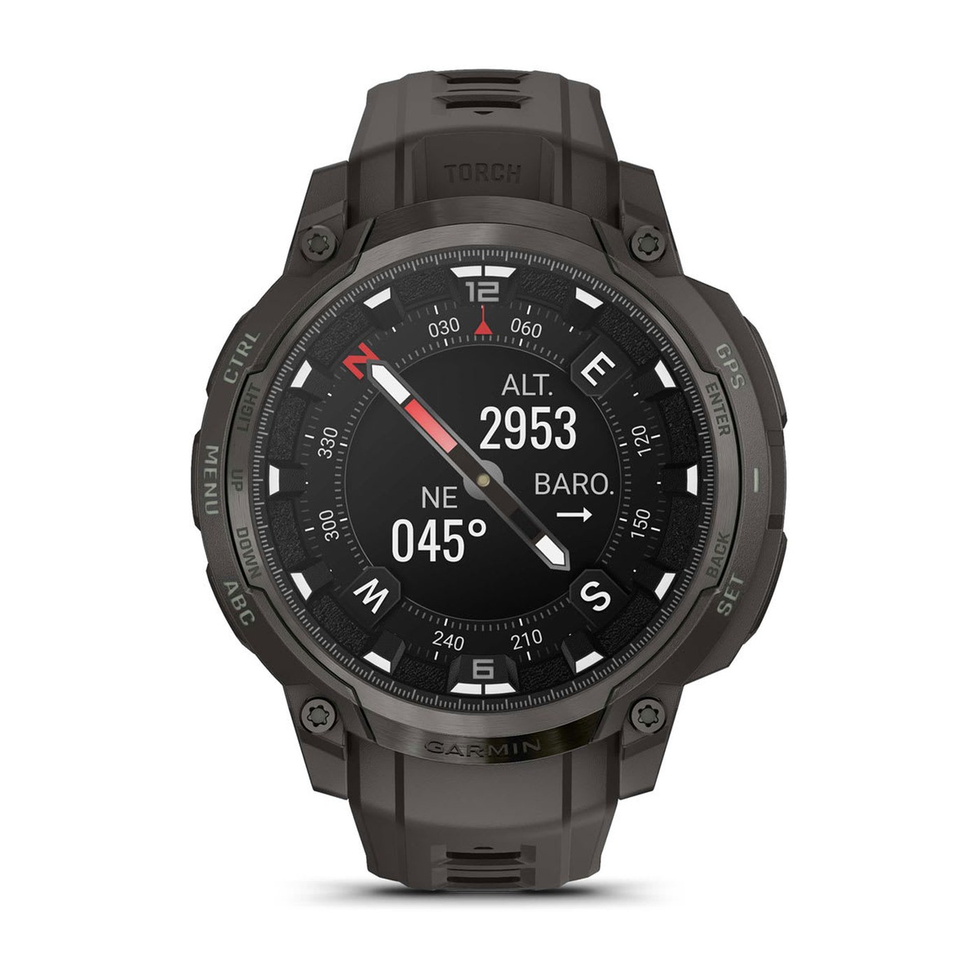 Garmin Instinct Crossover AMOLED, Frontansicht, Display zeigt Herzfrequenz