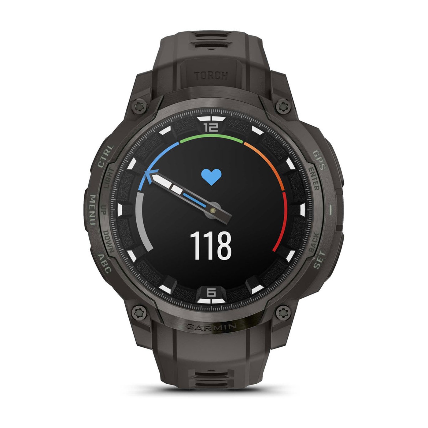 Garmin Instinct Crossover AMOLED, vue de face, cadran affichant heure et meteo