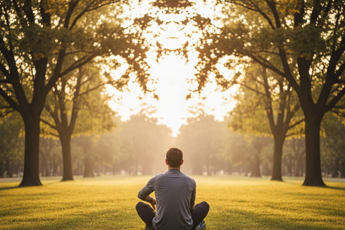 Coureur assis dans un parc au lever du soleil pour un étirement de la chaîne latérale
