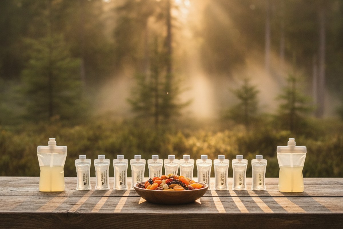 Gels énergétiques et flasks alignés sur une table en bois au lever du soleil en forêt