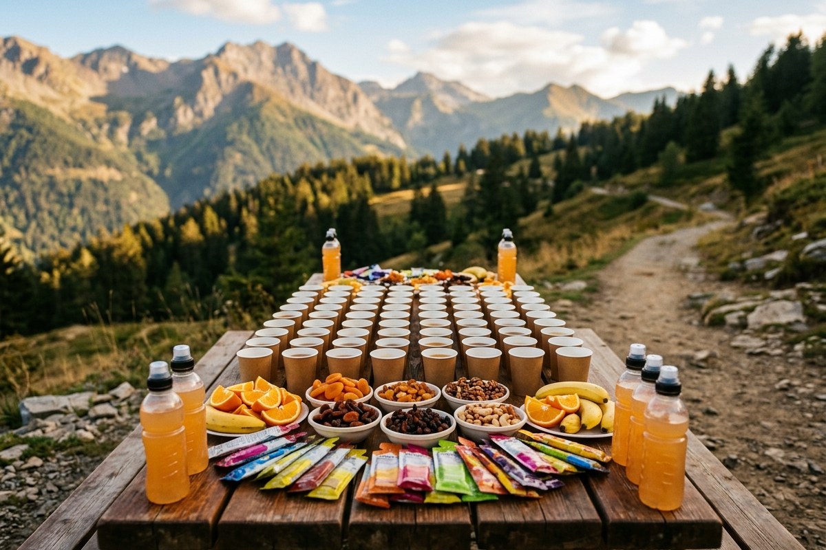 Table de ravitaillement en montagne garnie de gels, fruits secs et boissons énergétiques au lever du soleil