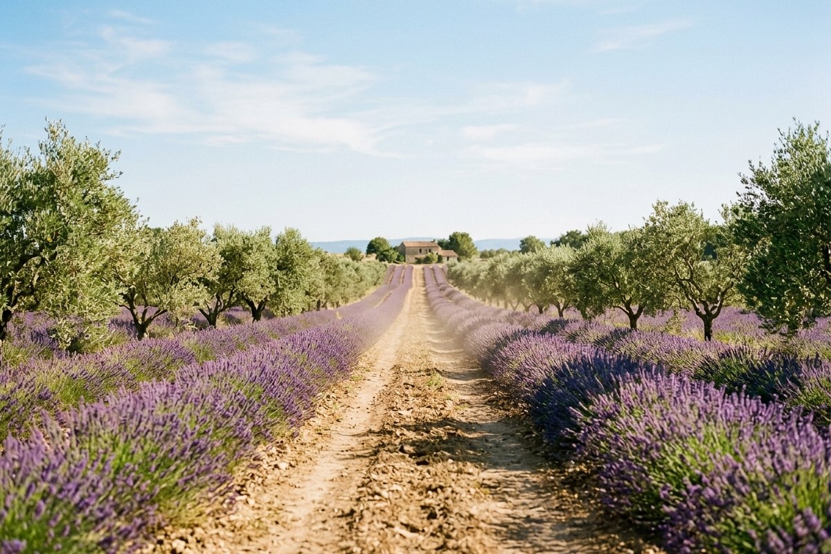 Sentier de campagne ensoleille avec champs de lavande et oliviers en arriere-plan