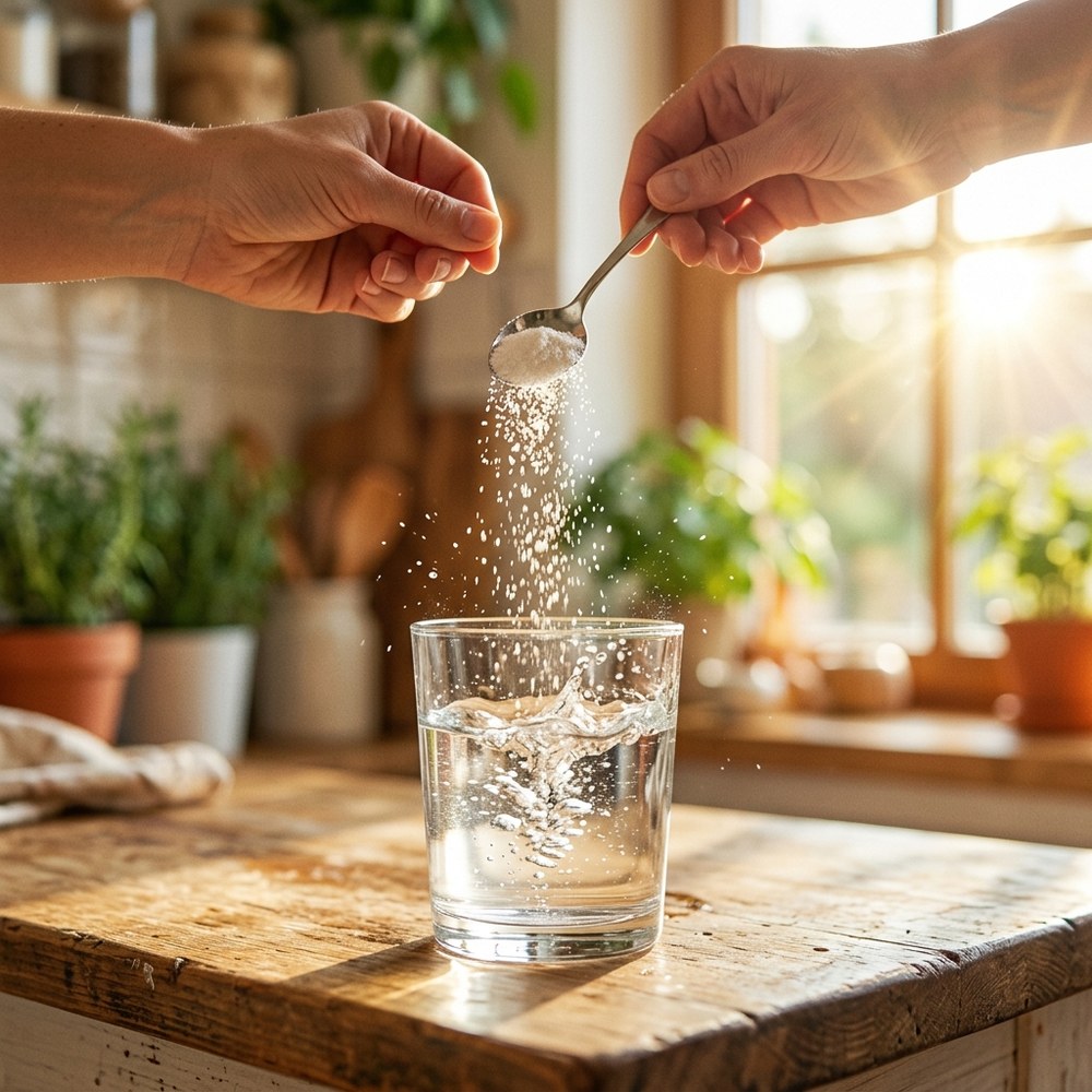 Gros plan sur une cuillere de poudre blanche versee dans un verre d'eau, gouttes en suspension