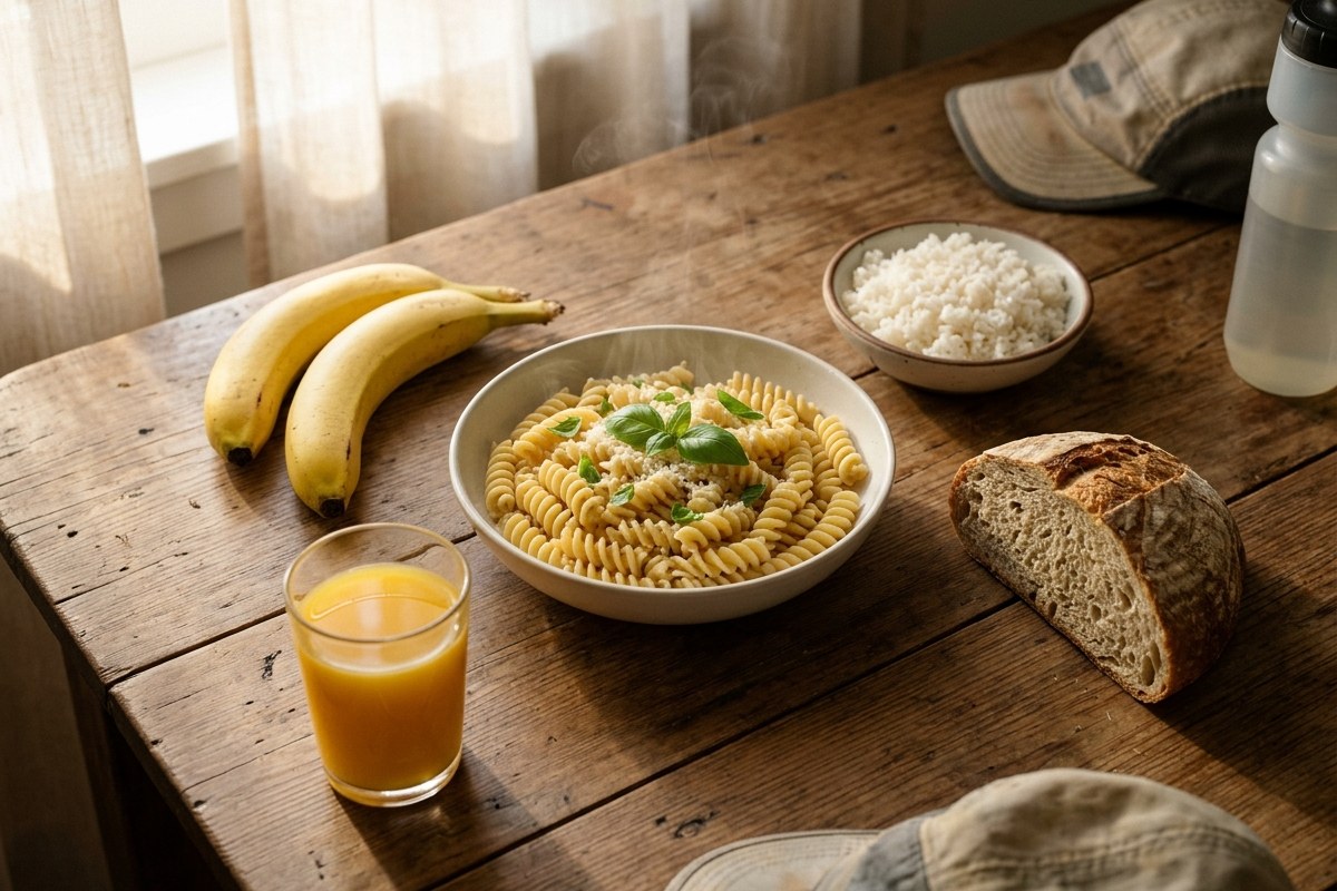 Table de cuisine en bois avec pâtes, riz, bananes, pain et jus d'orange, lumière chaude de fin de matinée