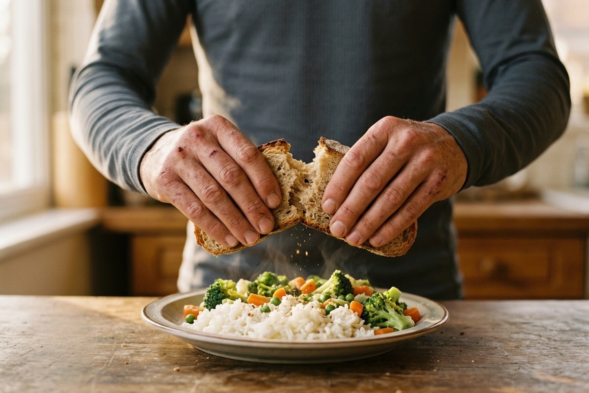 Gros plan sur des mains qui rompent un morceau de pain au-dessus d'une assiette de riz et de légumes vapeur
