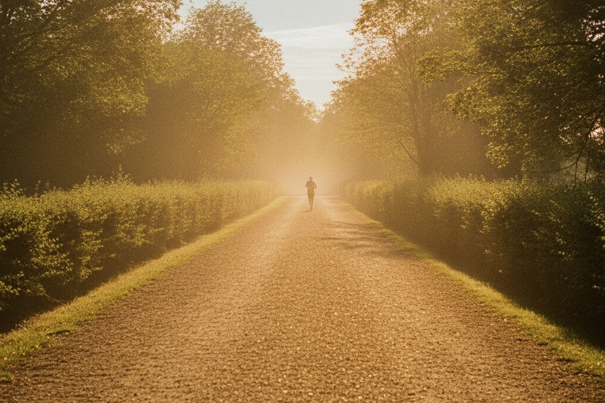 Chemin de gravier bordé de haies à la lisière d'une campagne, baigné de lumière dorée