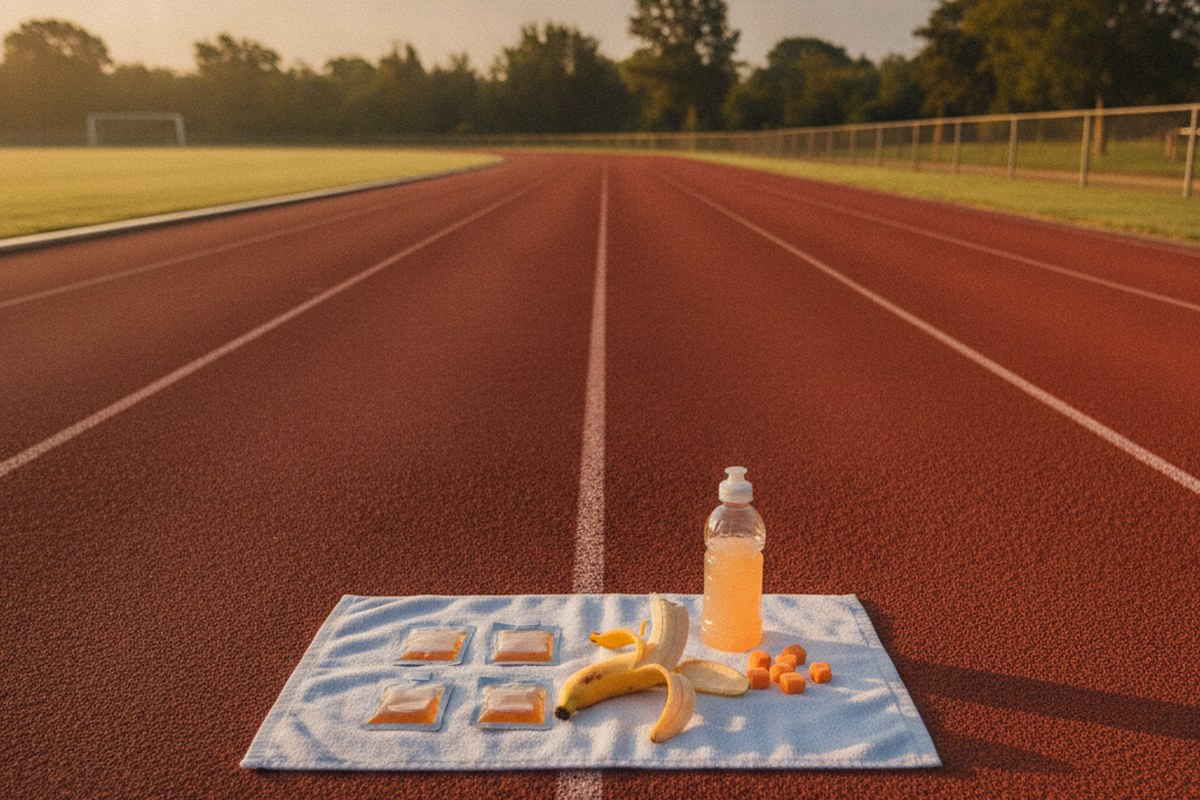 Nutrition de course posée sur une serviette blanche au bord d'une piste au lever du soleil