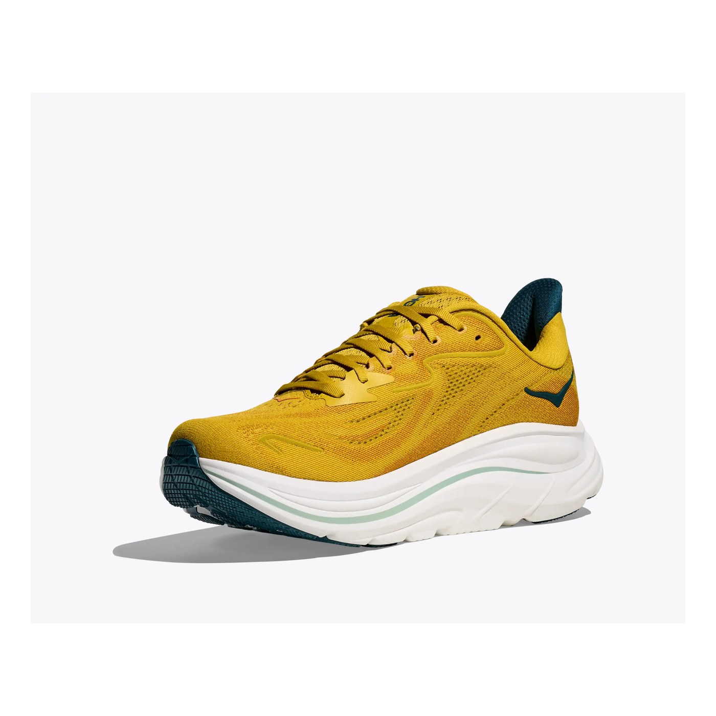 Hoka Clifton 10 vue trois-quarts face, coloris jaune et bleu sarcelle