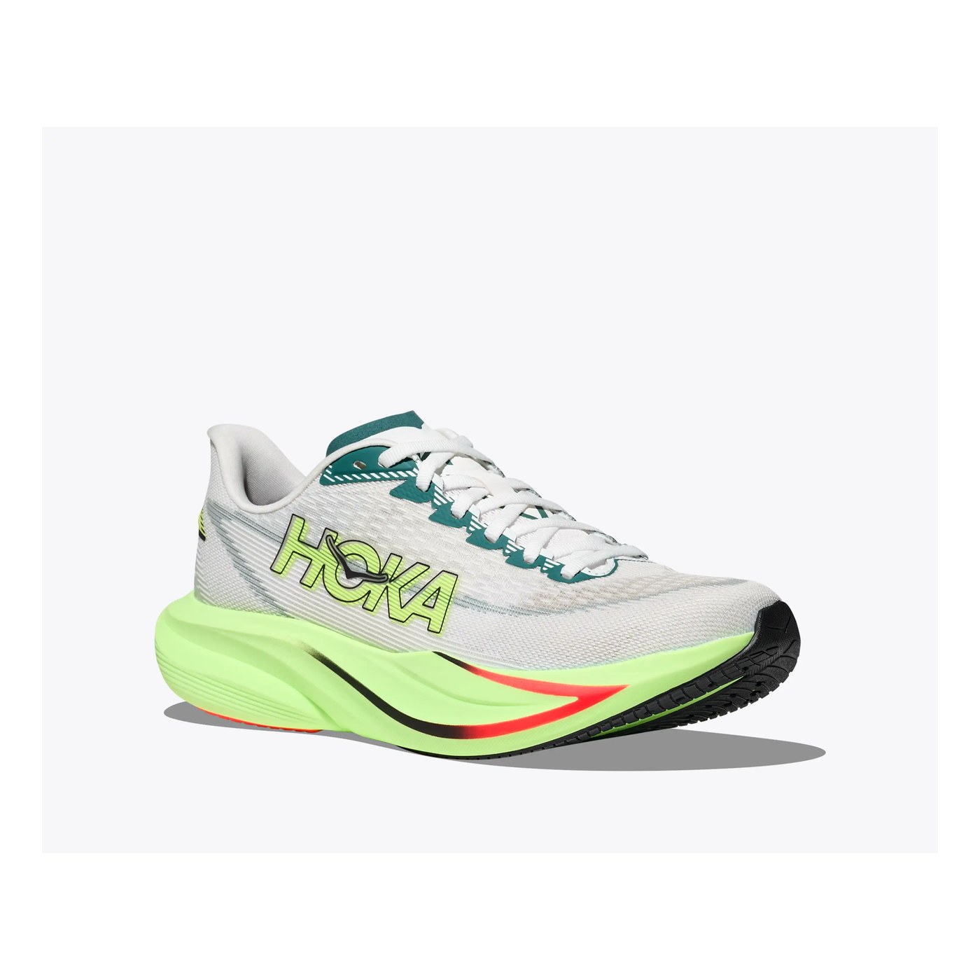 Hoka Mach 7 vue trois-quarts face, coloris blanc et vert fluo