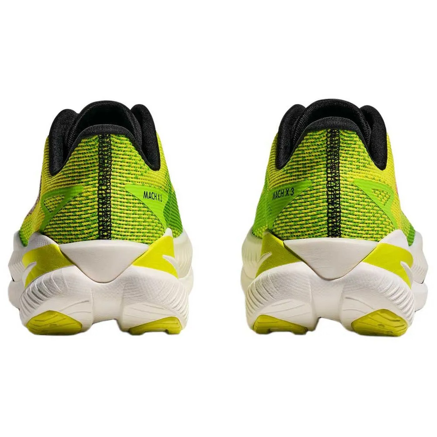 Hoka Mach X 3 vue arrière du col de talon repensé, paire complète